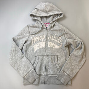 Aeropostale Hoodie Y2K Medium Gray Full-Zip Sweatshirt Mallcore Glitter McBling